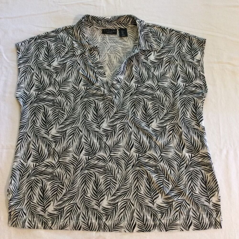 Tahari 100% Linen Black White Tropical Palm Print Collared Crop Top Large Summer